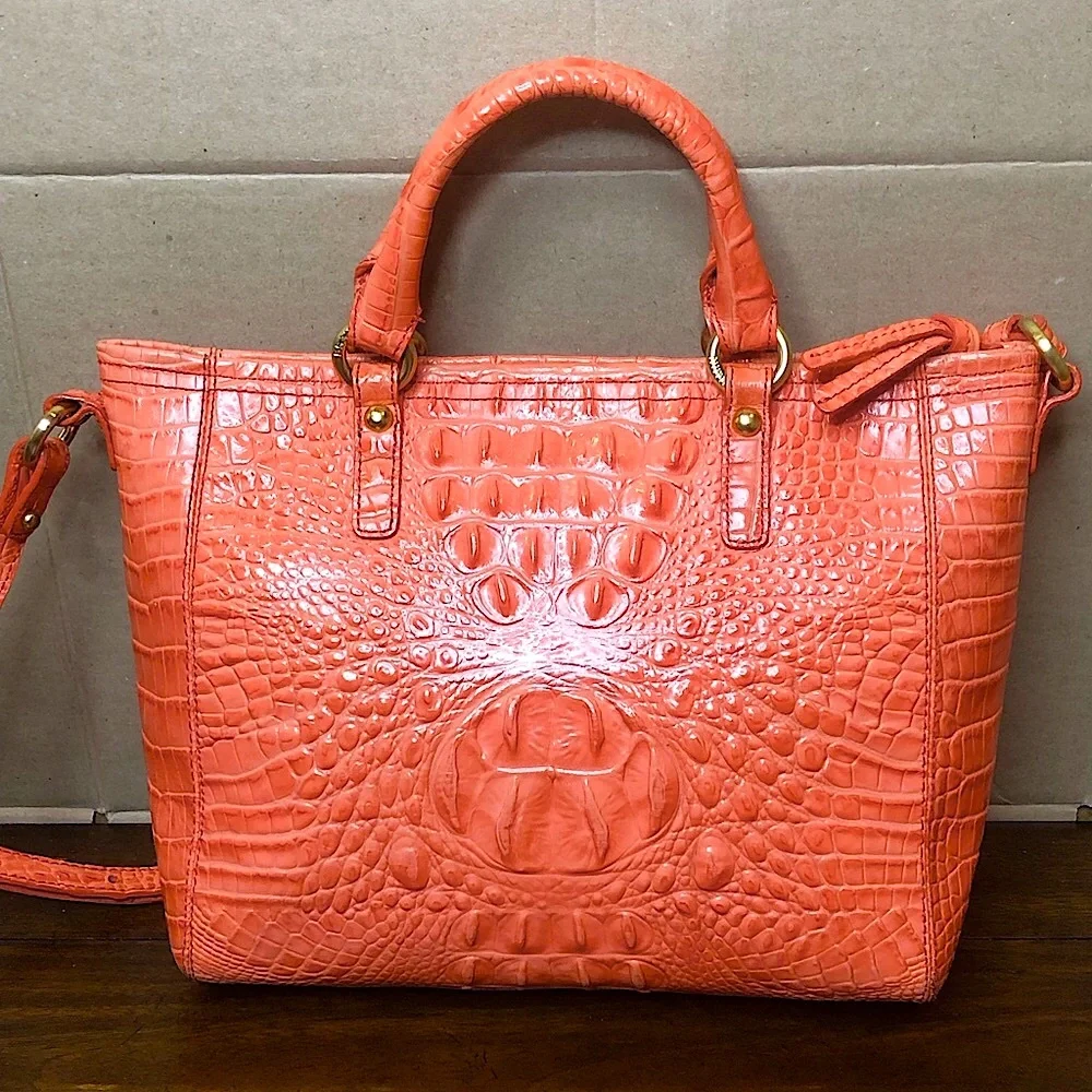 BRAHMIN Croc Embossed Leather Rolled Top Handle Tangerine Satchel Shoulder Bag